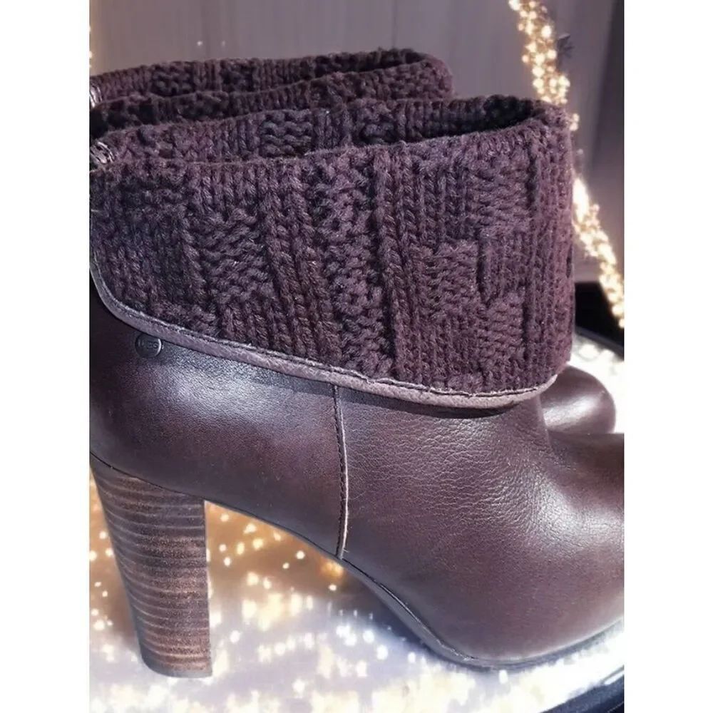 UGG Women’s Brown Leather Knit Cuff Heeled Ankle Boots